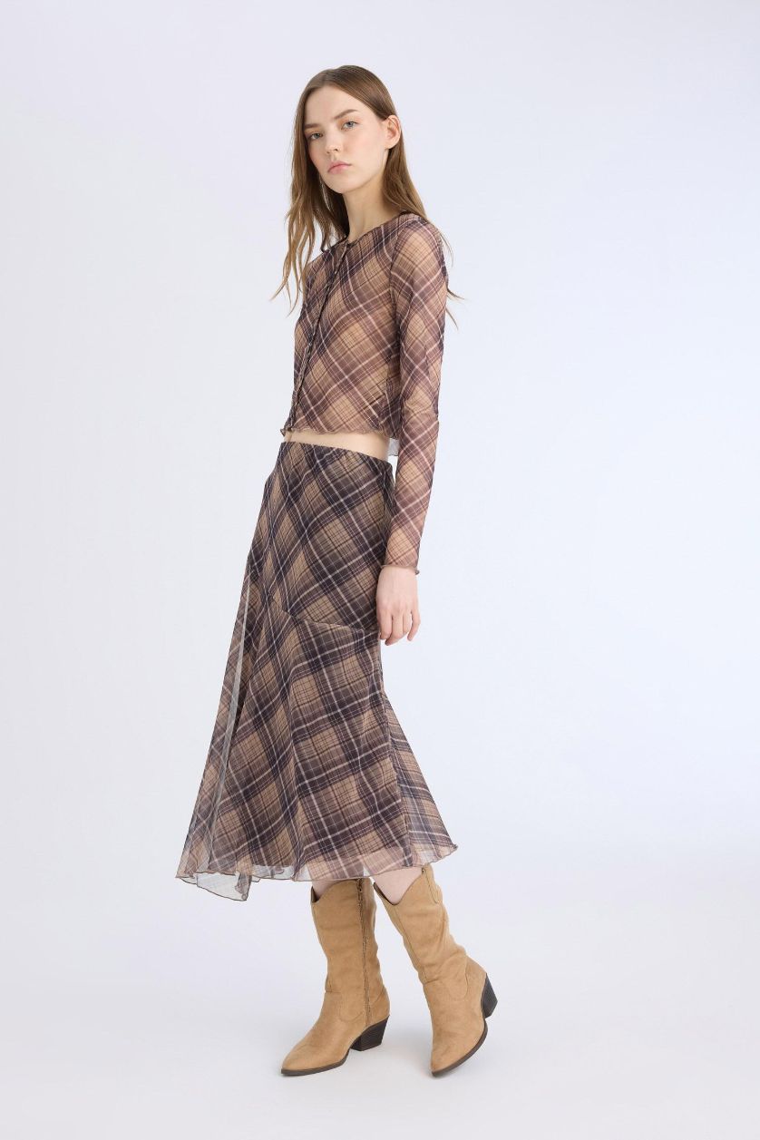 Woman Light Brown Asymmetrical Checked Normal Waist Tulle Midi Skirt