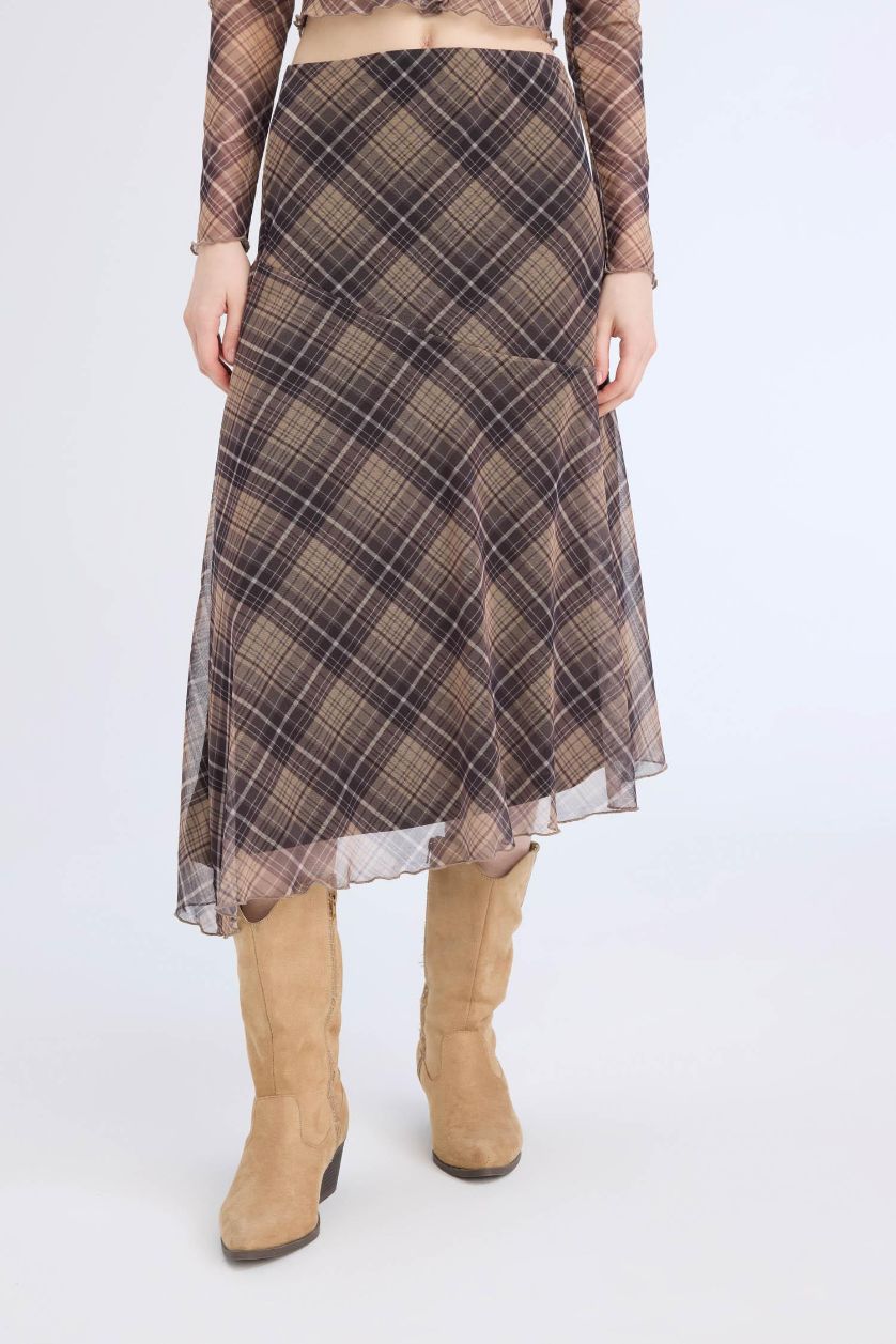 Woman Light Brown Asymmetrical Checked Normal Waist Tulle Midi Skirt