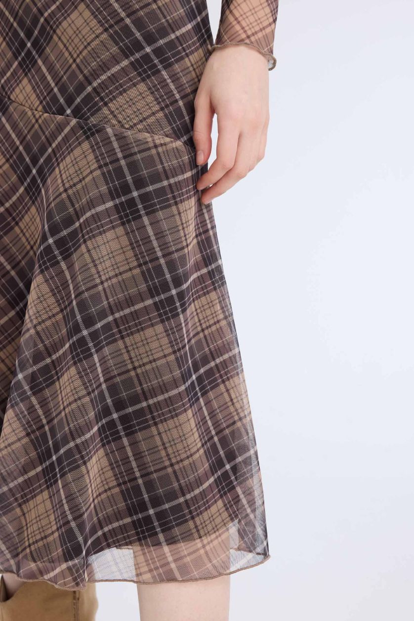 Woman Light Brown Asymmetrical Checked Normal Waist Tulle Midi Skirt