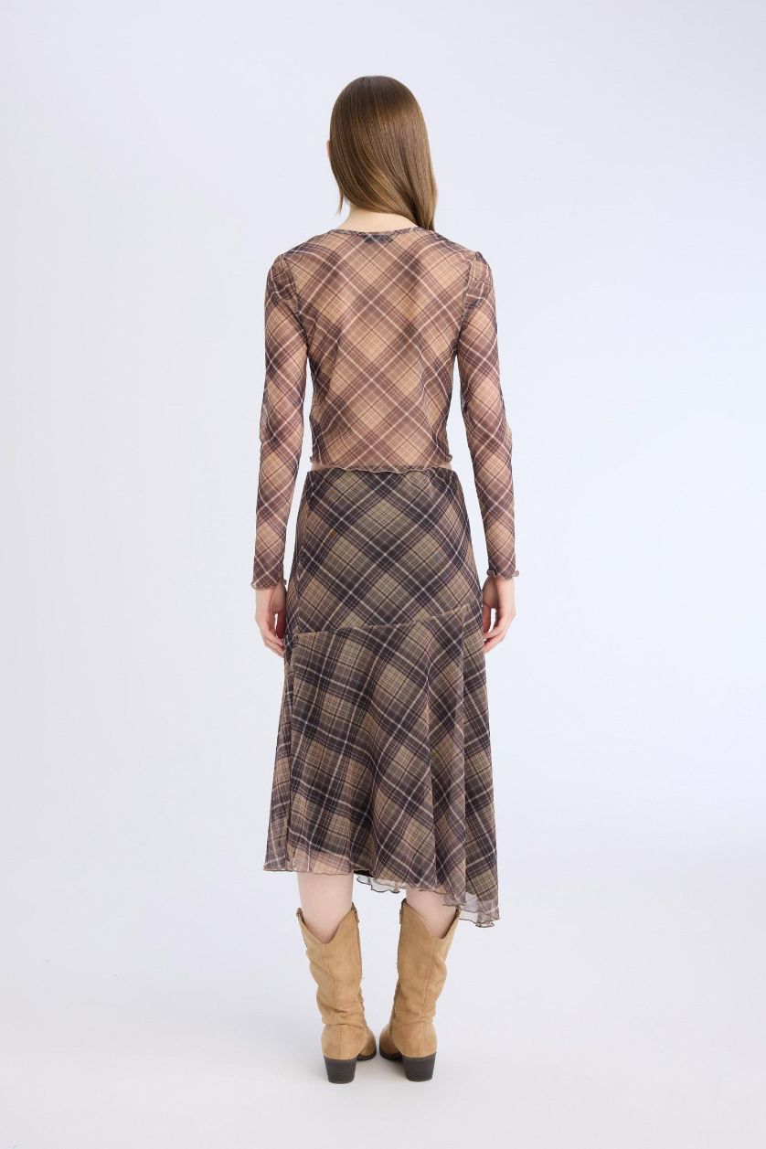 Woman Light Brown Asymmetrical Checked Normal Waist Tulle Midi Skirt