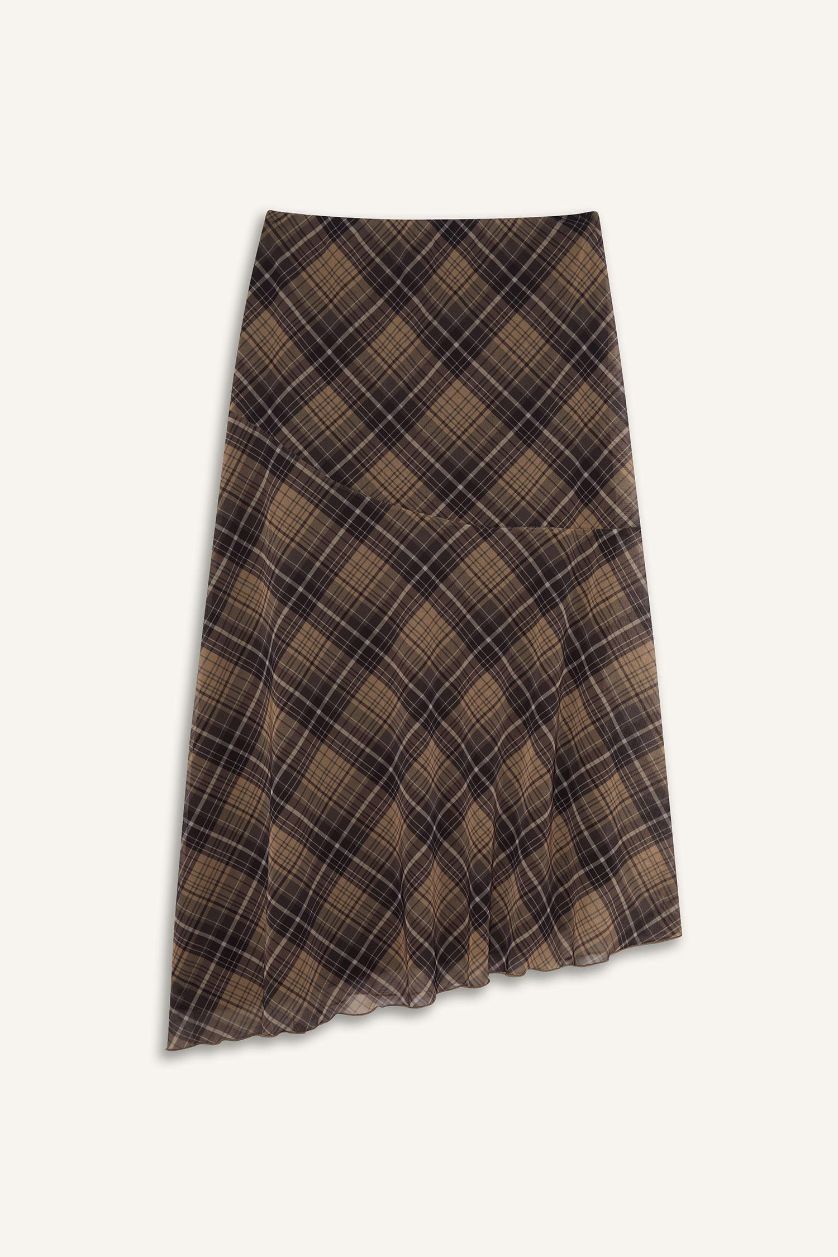 Woman Light Brown Asymmetrical Checked Normal Waist Tulle Midi Skirt