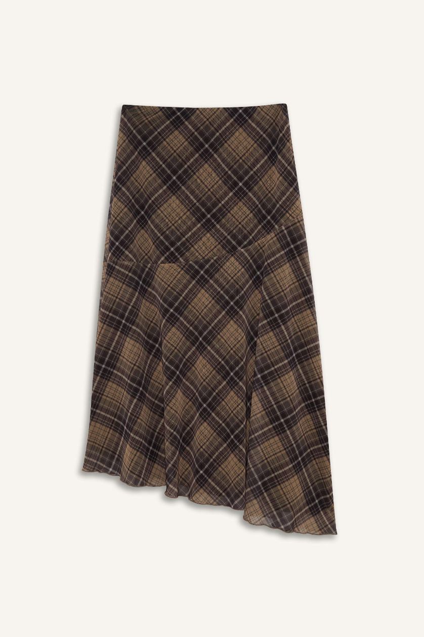 Woman Light Brown Asymmetrical Checked Normal Waist Tulle Midi Skirt