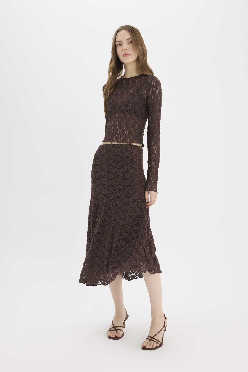 Woman Brown A Cut Lace Normal Waist Midi Knitted Skirt
