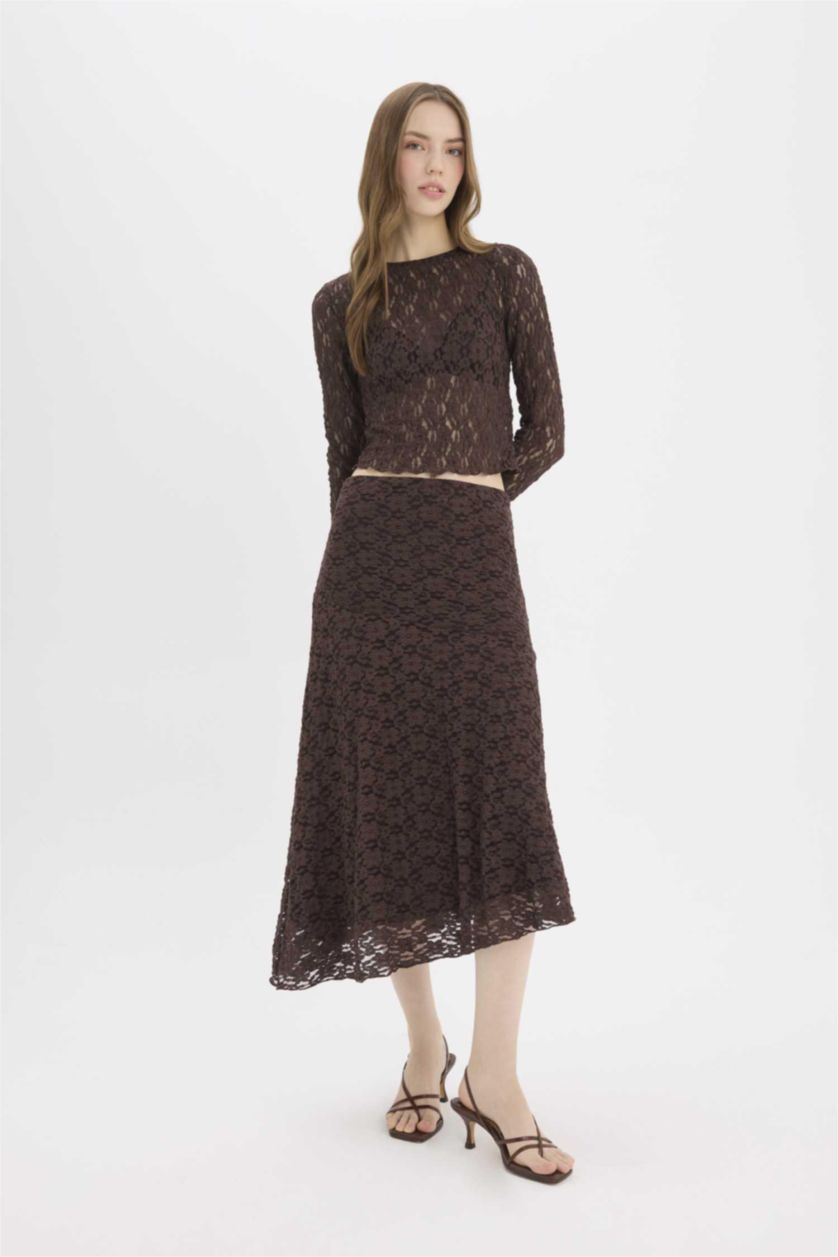 Woman Brown A Cut Lace Normal Waist Midi Knitted Skirt