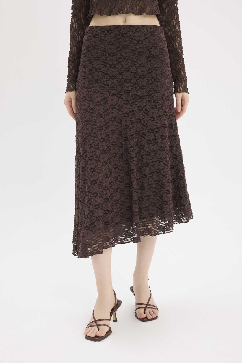 Woman Brown A Cut Lace Normal Waist Midi Knitted Skirt