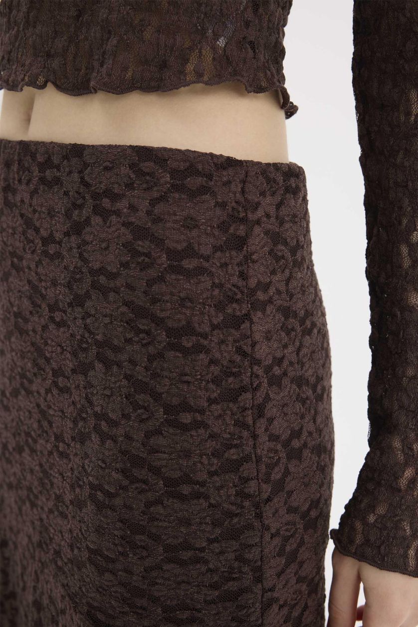 Woman Brown A Cut Lace Normal Waist Midi Knitted Skirt