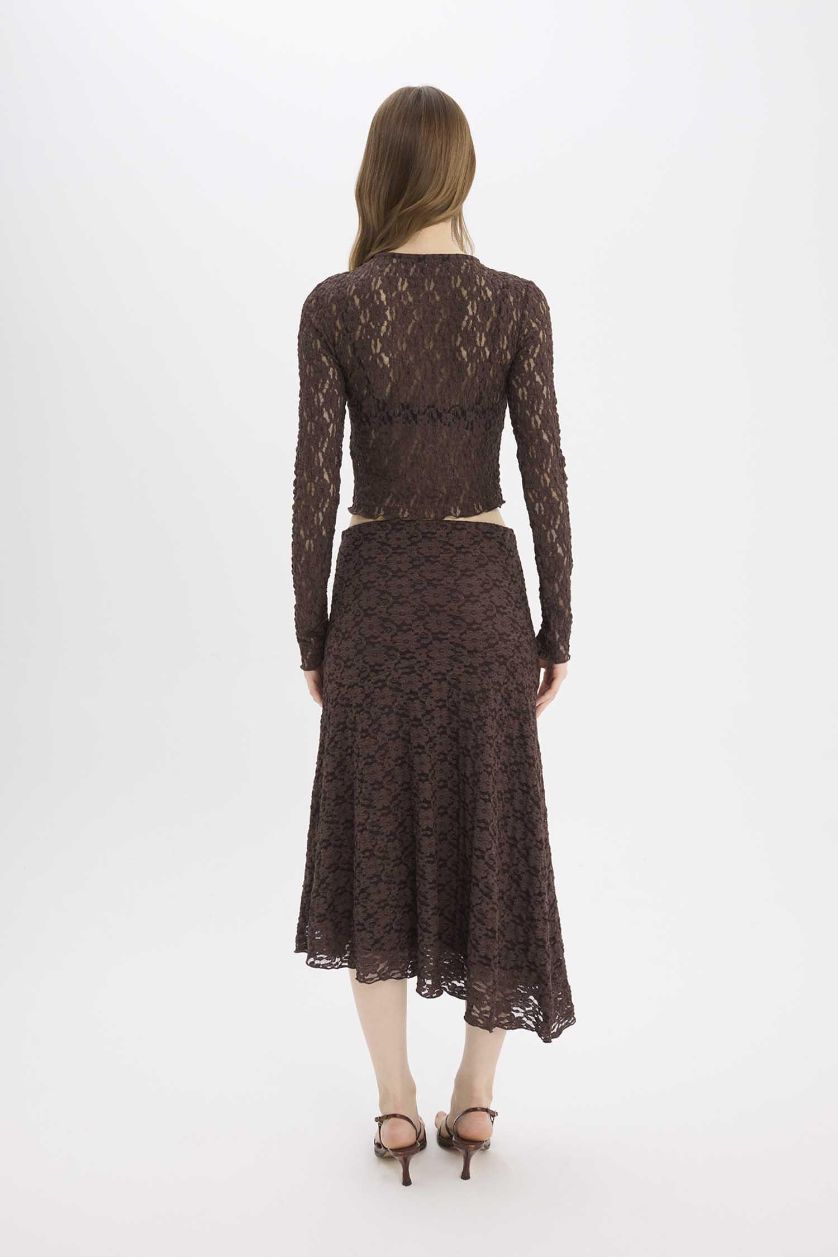 Woman Brown A Cut Lace Normal Waist Midi Knitted Skirt