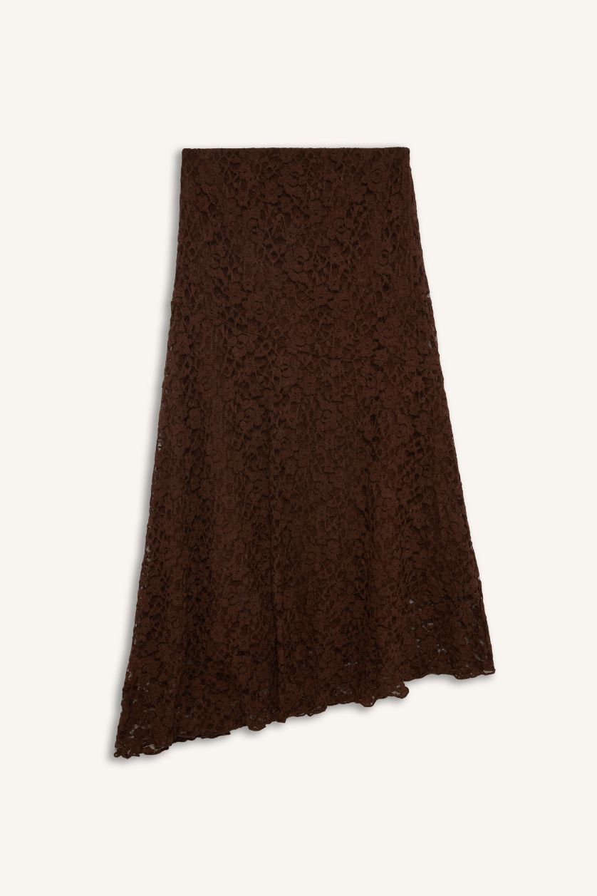 Woman Brown A Cut Lace Normal Waist Midi Knitted Skirt