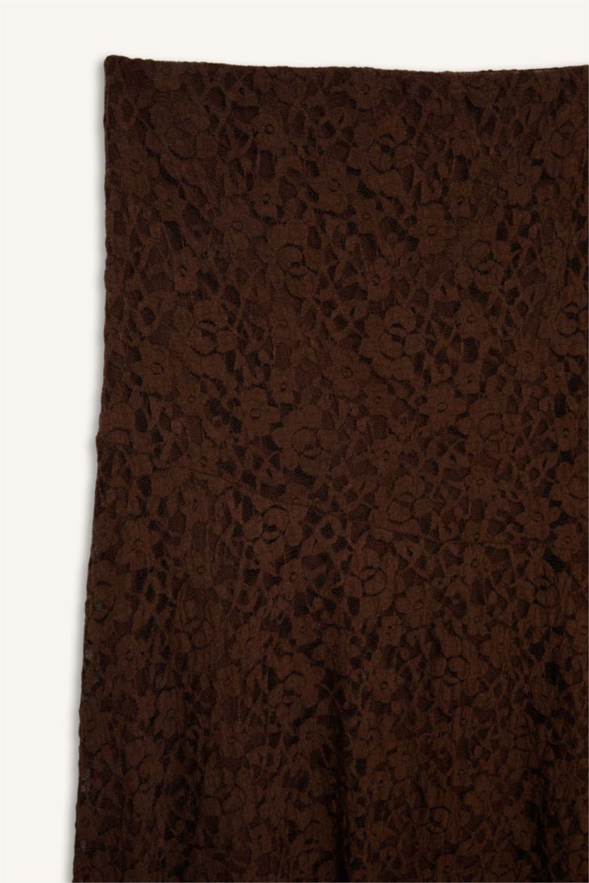 Woman Brown A Cut Lace Normal Waist Midi Knitted Skirt
