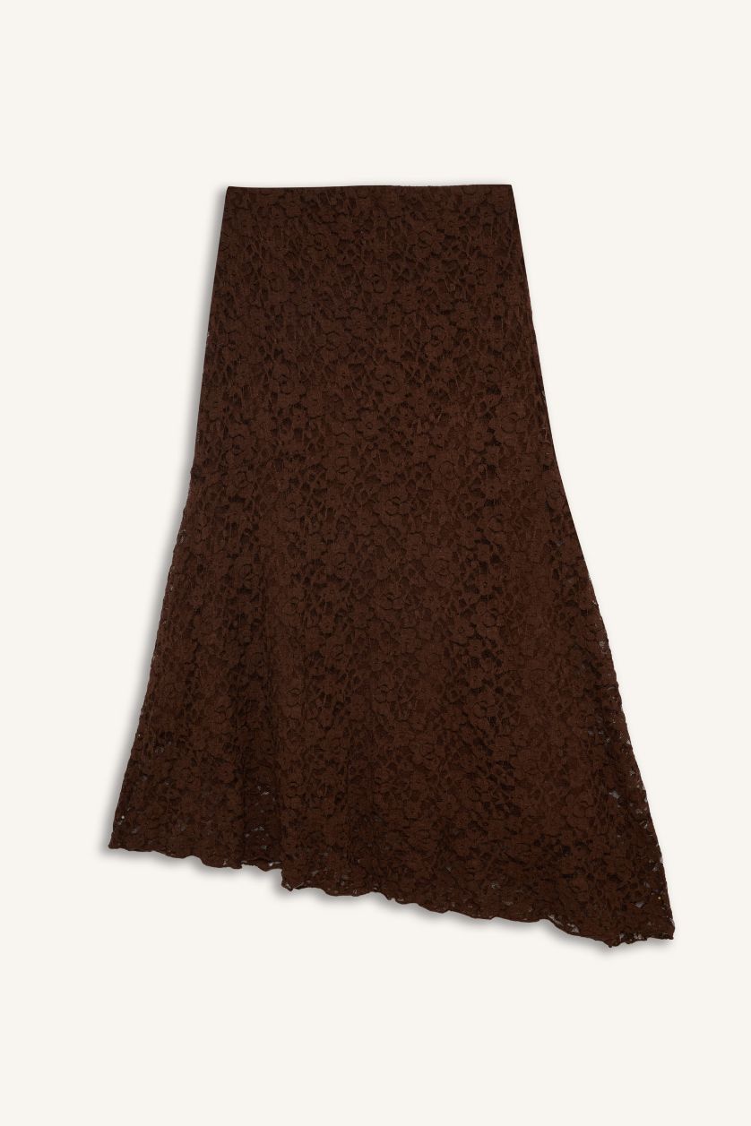 Woman Brown A Cut Lace Normal Waist Midi Knitted Skirt