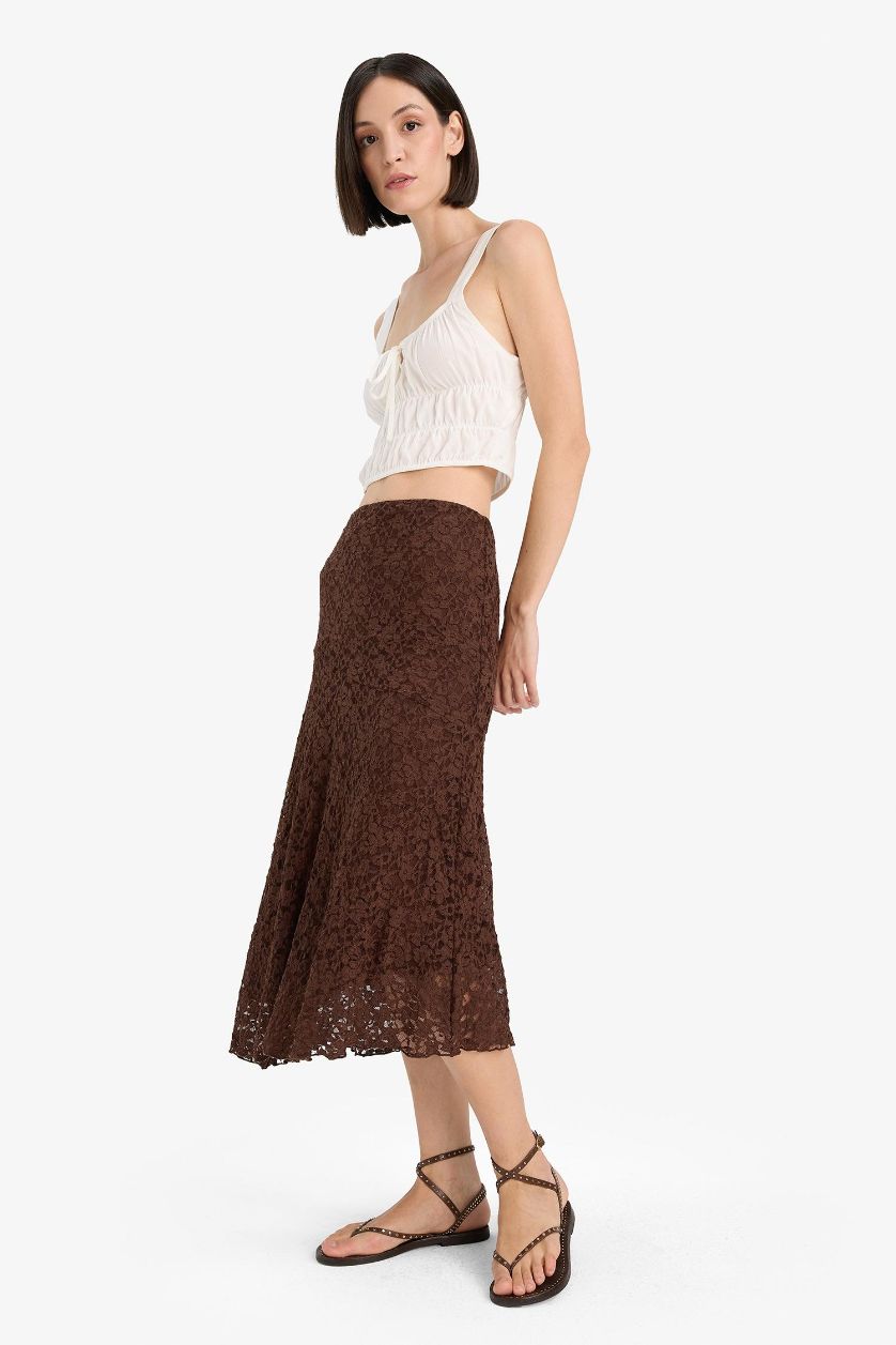 Woman Brown A Cut Lace Normal Waist Midi Knitted Skirt