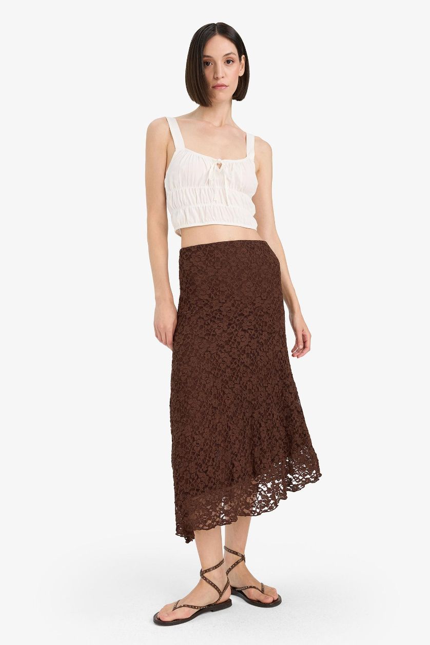 Woman Brown A Cut Lace Normal Waist Midi Knitted Skirt