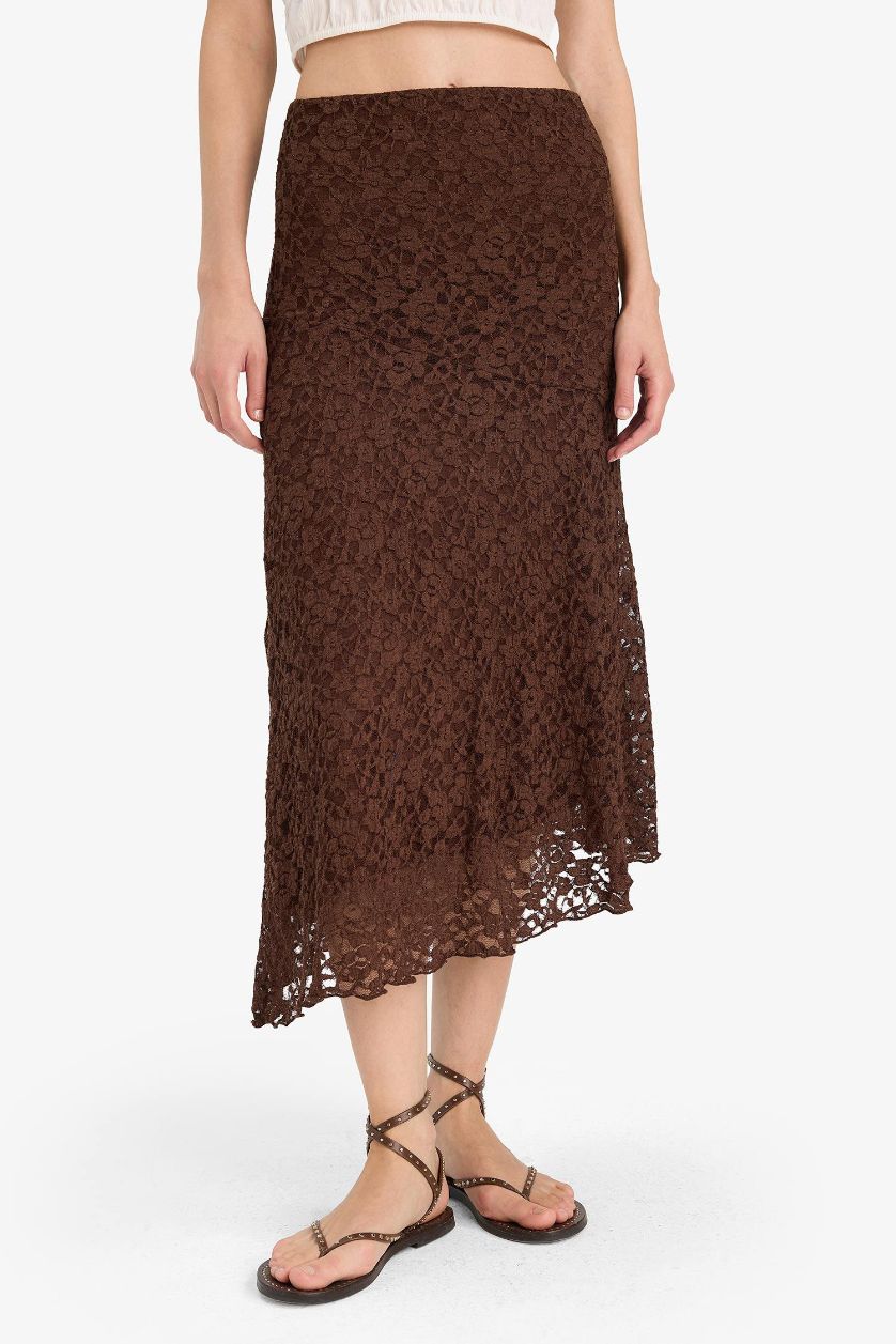 Woman Brown A Cut Lace Normal Waist Midi Knitted Skirt