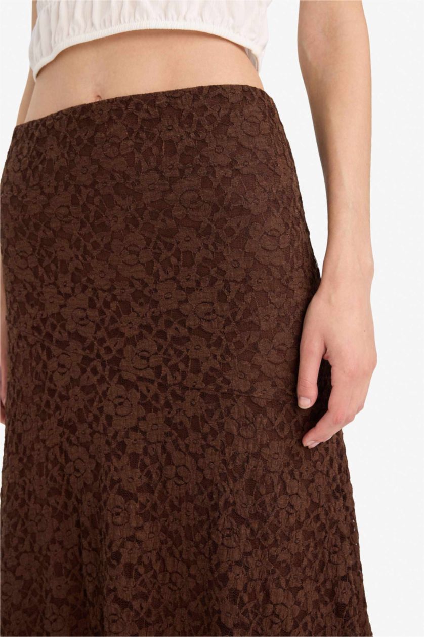 Woman Brown A Cut Lace Normal Waist Midi Knitted Skirt