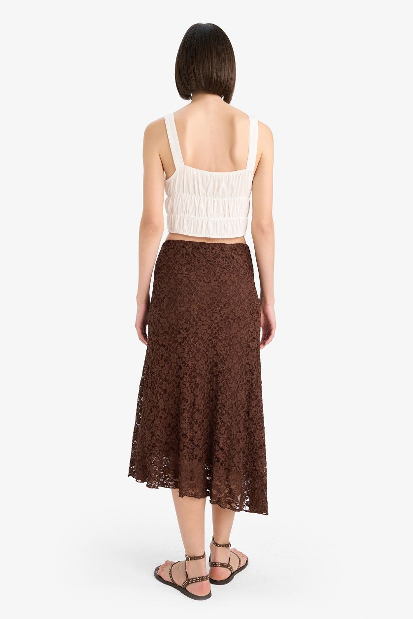 Woman Brown A Cut Lace Normal Waist Midi Knitted Skirt