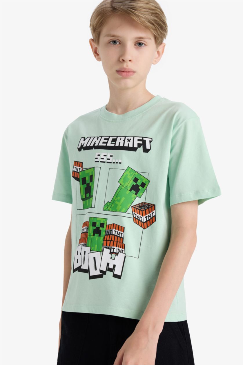 Erkek Çocuk - Genç Erkek Açık Yeşil Minecraft Bisiklet Yaka Kısa Kollu Tişört Erkek Çocuk