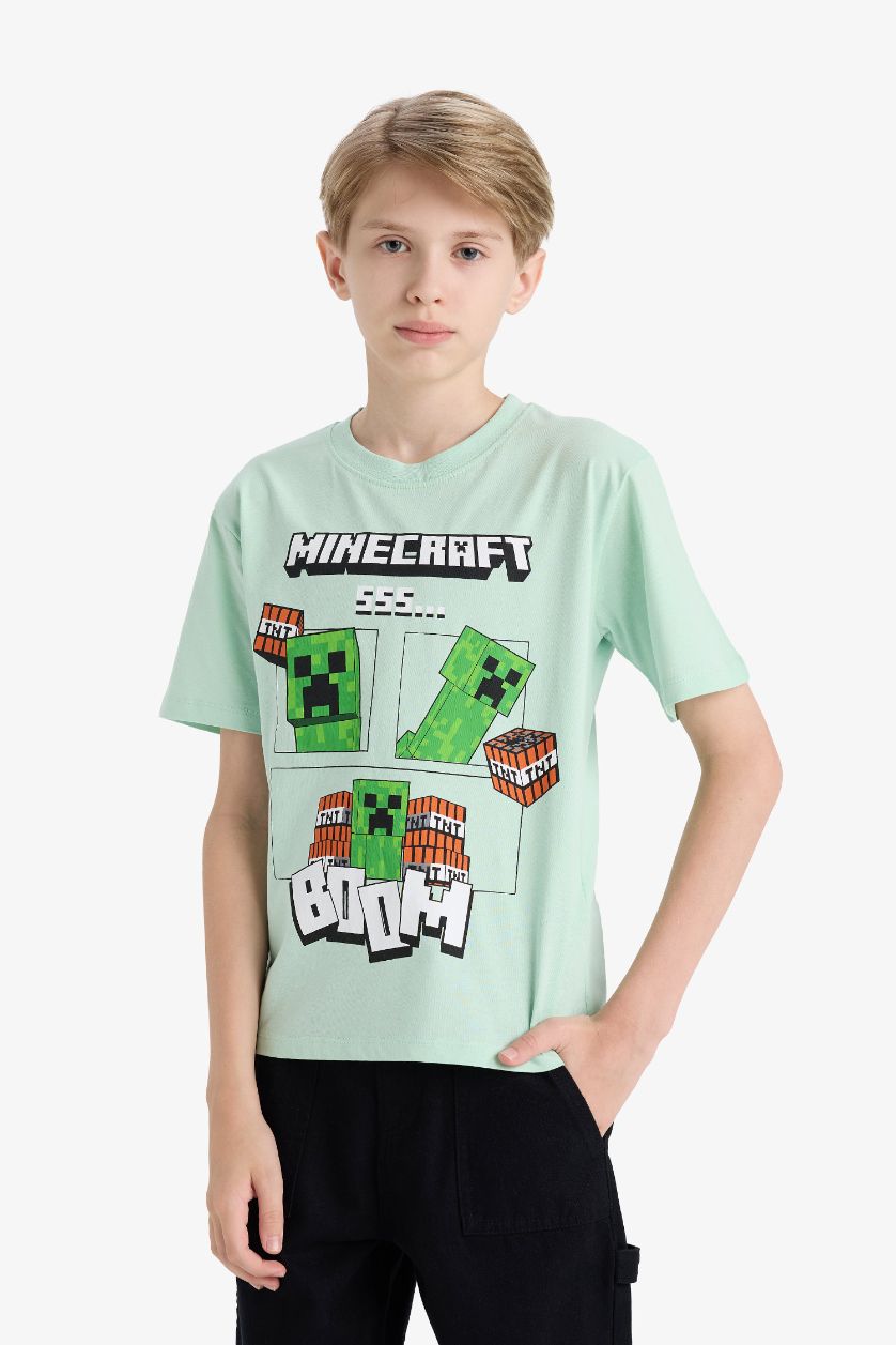 Erkek Çocuk - Genç Erkek Açık Yeşil Minecraft Bisiklet Yaka Kısa Kollu Tişört Erkek Çocuk