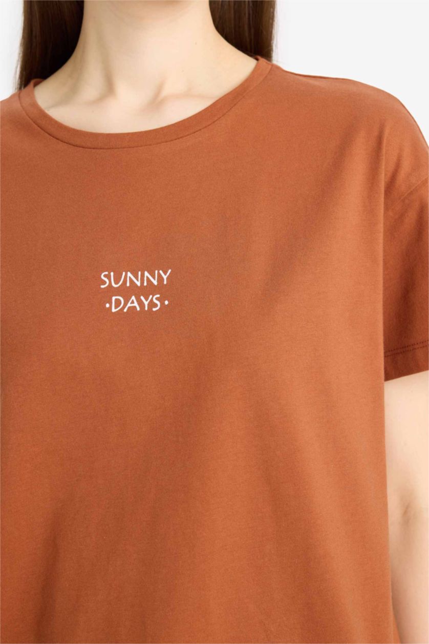 Kadın Koyu Camel Pijama Takımı Kısa Kollu Üst Beli Lastikli Uzun Kareli Alt