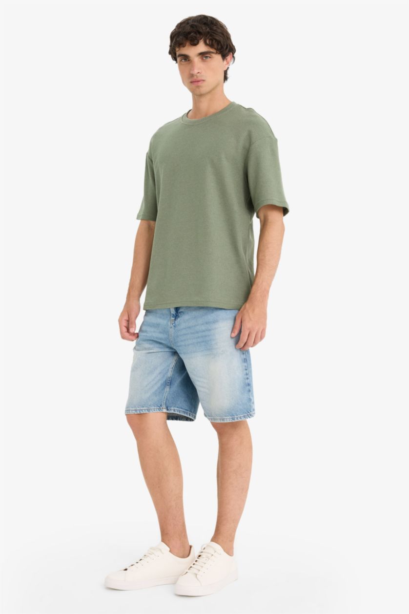 رجال كاكي فاتح تيشيرت نص ردن أوفر سايز بياخة مستديرة