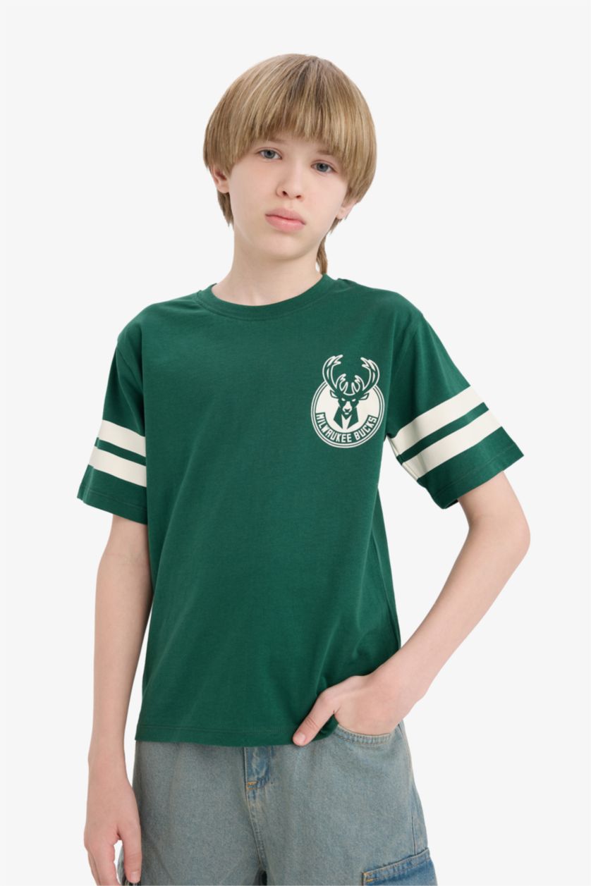 Erkek Çocuk - Genç Erkek Koyu Yeşil NBA Milwaukee Bucks Bisiklet Yaka Kısa Kollu Tişört Erkek Çocuk