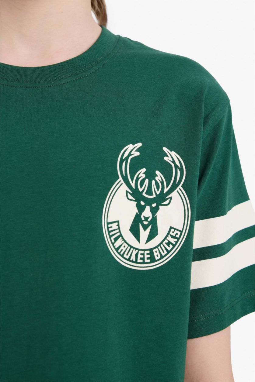 Erkek Çocuk - Genç Erkek Koyu Yeşil NBA Milwaukee Bucks Bisiklet Yaka Kısa Kollu Tişört Erkek Çocuk