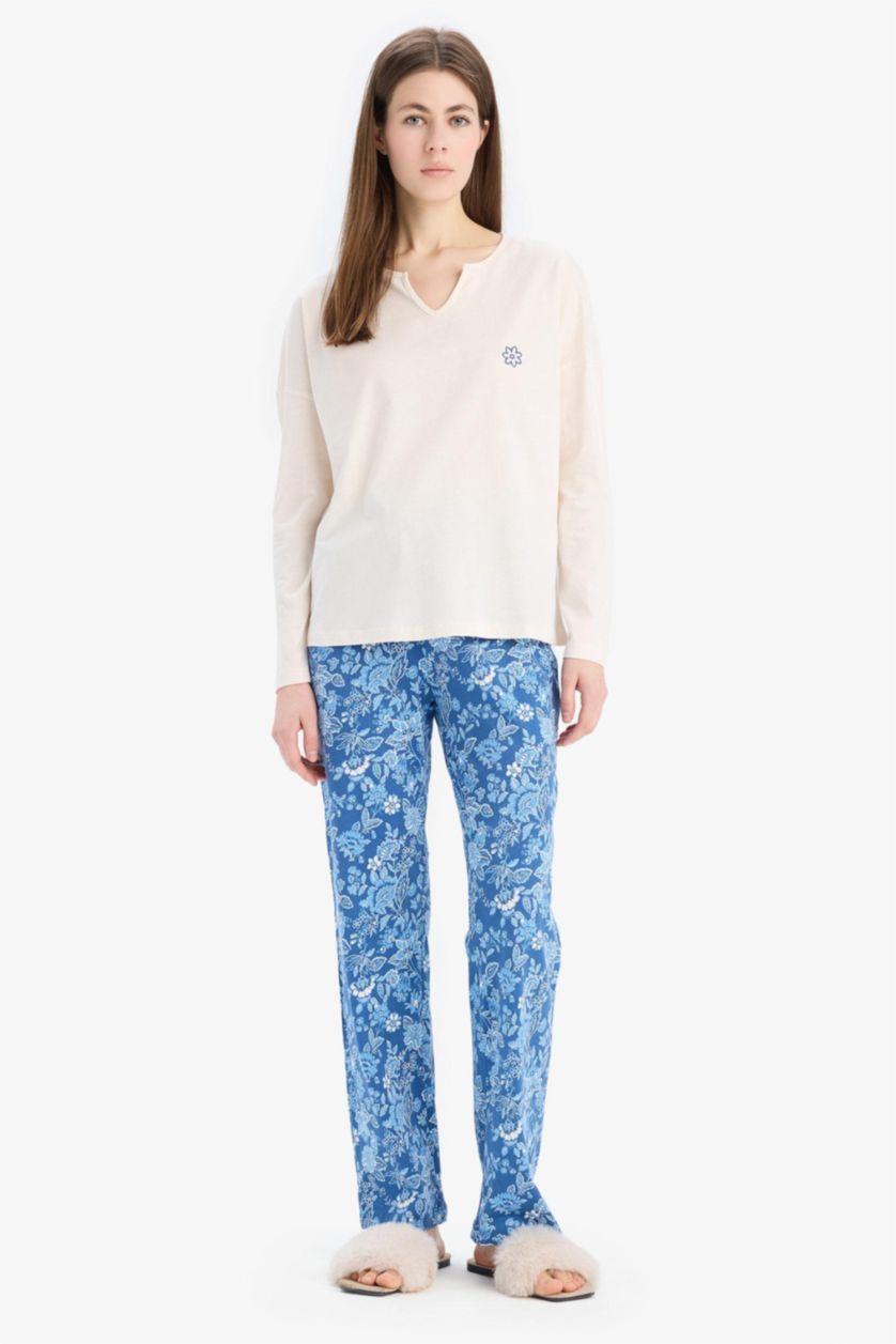 Kadın İndigo Pijama Takımı Uzun Kollu Üst Beli Lastikli Uzun Alt