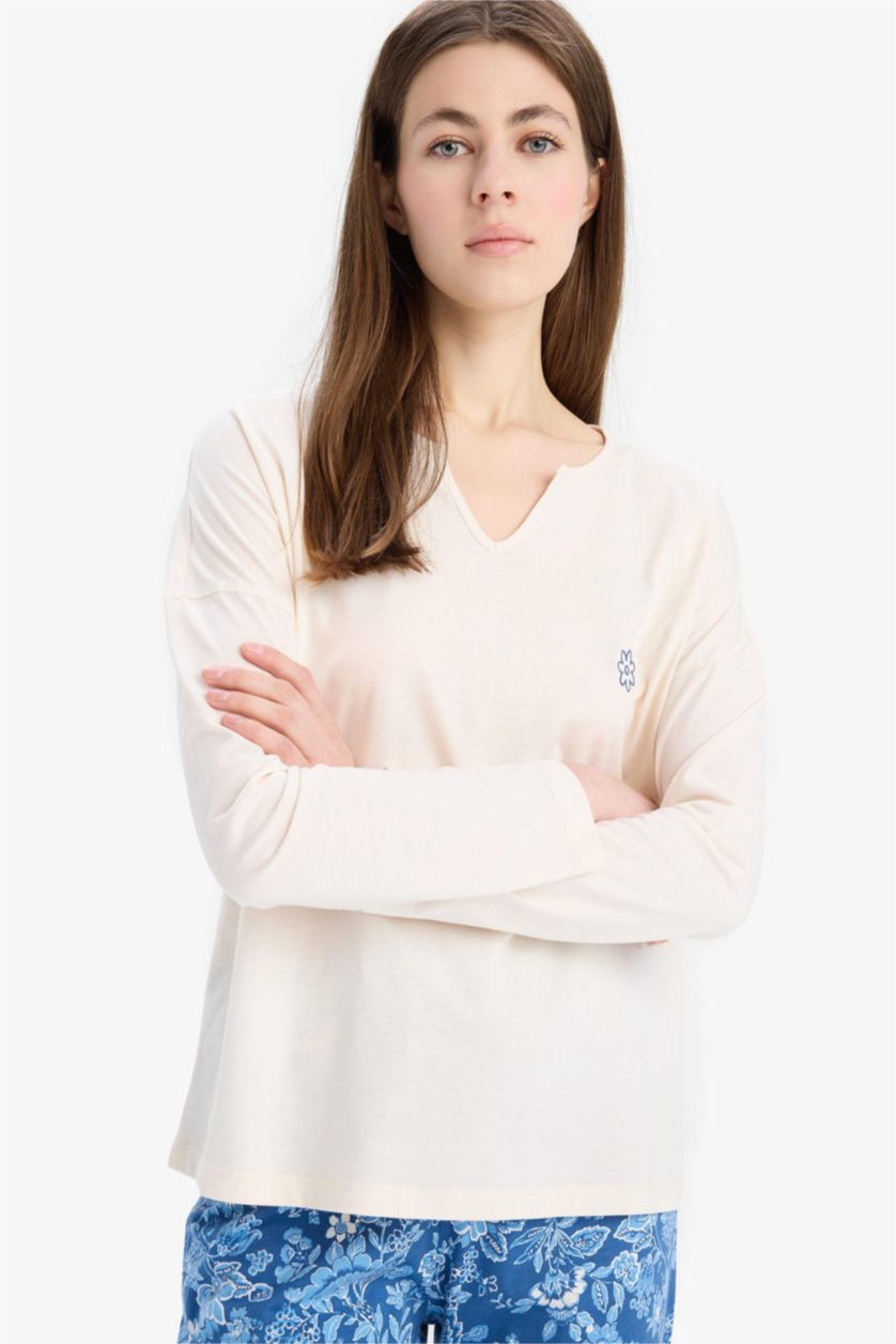 Kadın İndigo Pijama Takımı Uzun Kollu Üst Beli Lastikli Uzun Alt