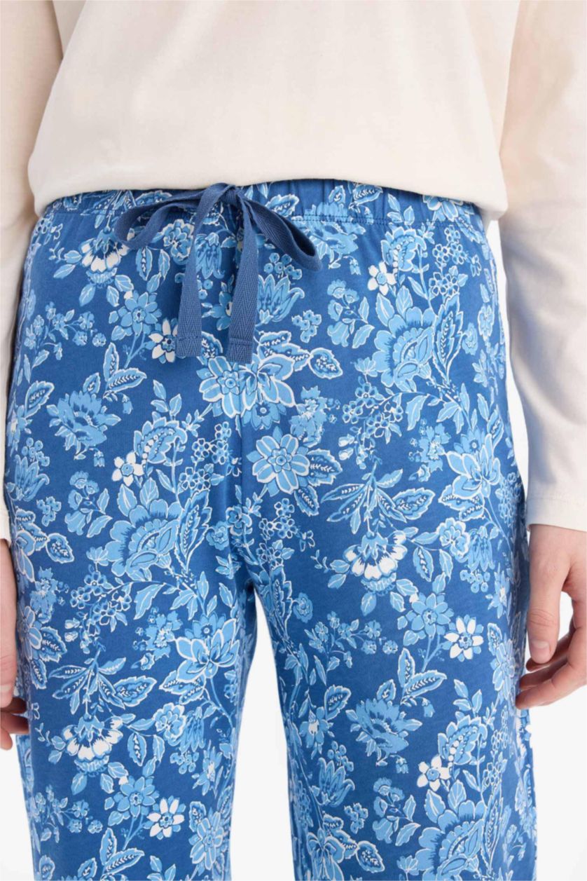 Kadın İndigo Pijama Takımı Uzun Kollu Üst Beli Lastikli Uzun Alt