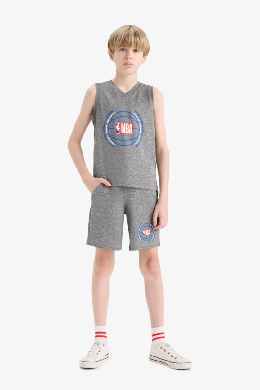 BOYS & TEENS Grey Melange Boy Child NBA Wordmark Waist Elastic Shorts