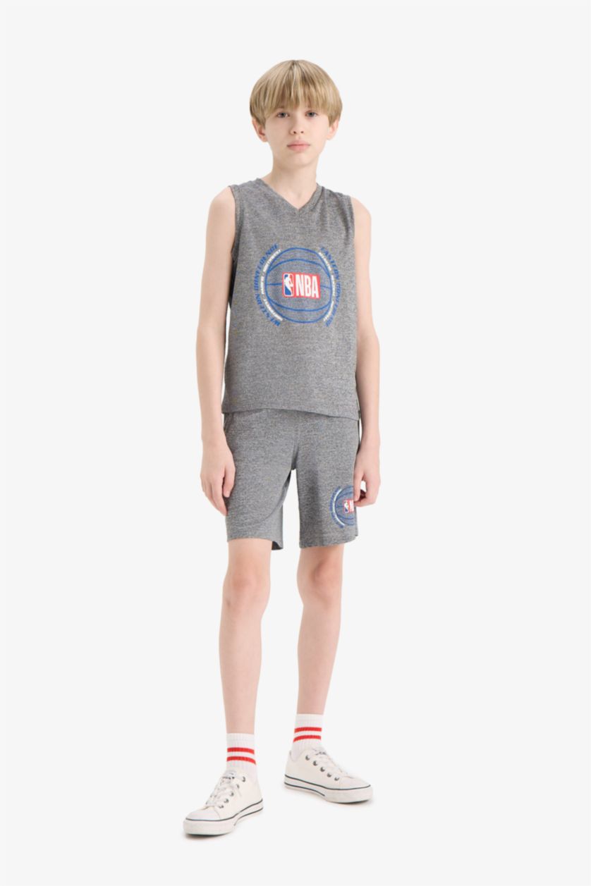 BOYS & TEENS Grey Melange Boy Child NBA Wordmark Waist Elastic Shorts