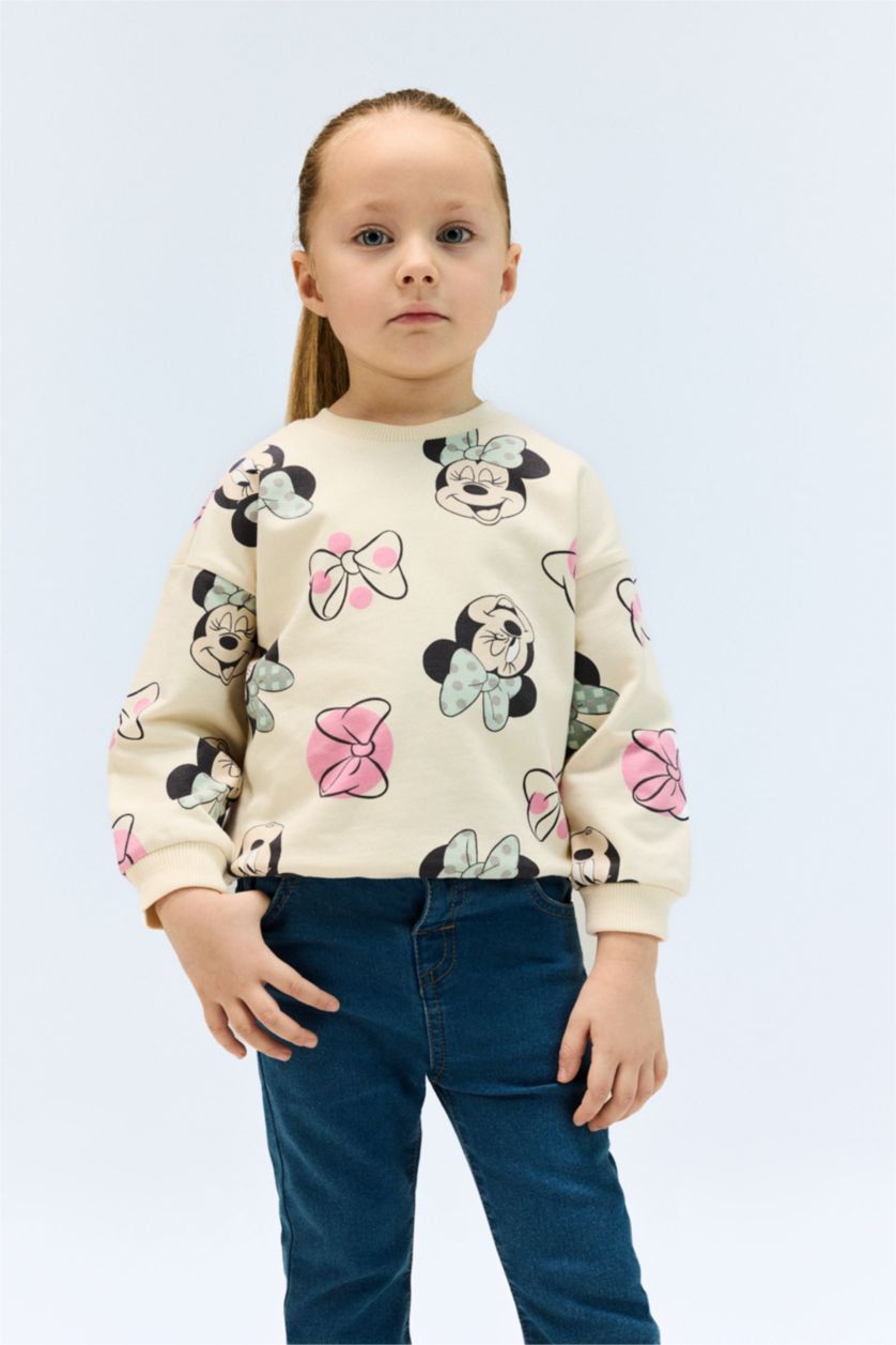 Kız Bebek Ekru Disney Mickey & Minnie Bisiklet Yaka Sweatshirt Kız Bebek