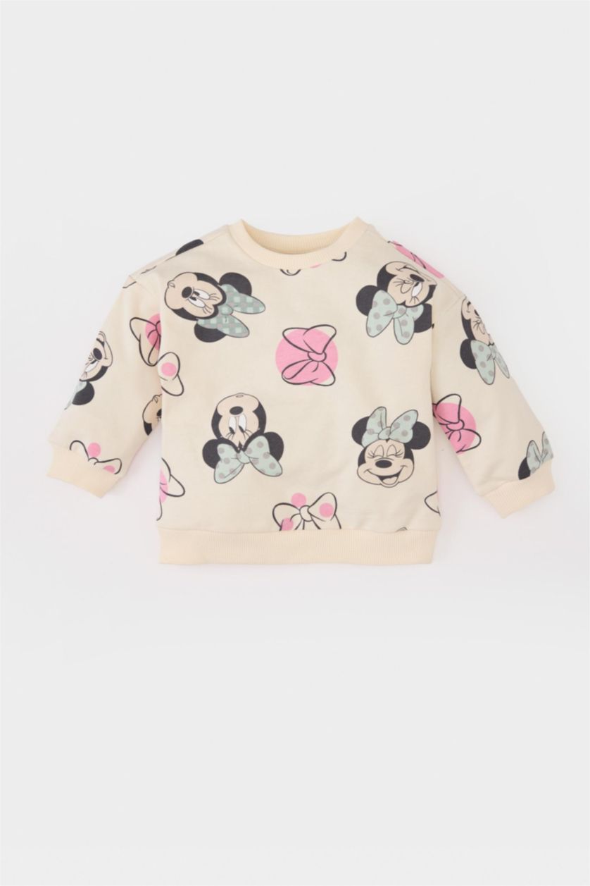 Kız Bebek Ekru Disney Mickey & Minnie Bisiklet Yaka Sweatshirt Kız Bebek
