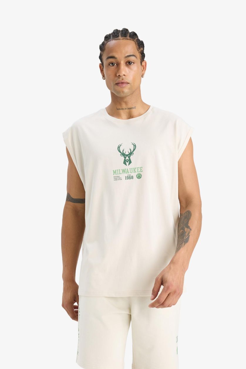 Erkek Taş NBA Milwaukee Bucks Oversize Geniş Kalıp Bisiklet Yaka Atlet