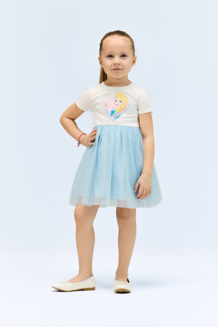 Kız Bebek Ekru Frozen Kısa Kollu Tütülü Yazlık Elbise Kız Bebek