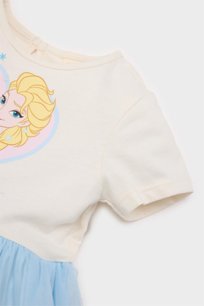 Kız Bebek Ekru Frozen Kısa Kollu Tütülü Yazlık Elbise Kız Bebek