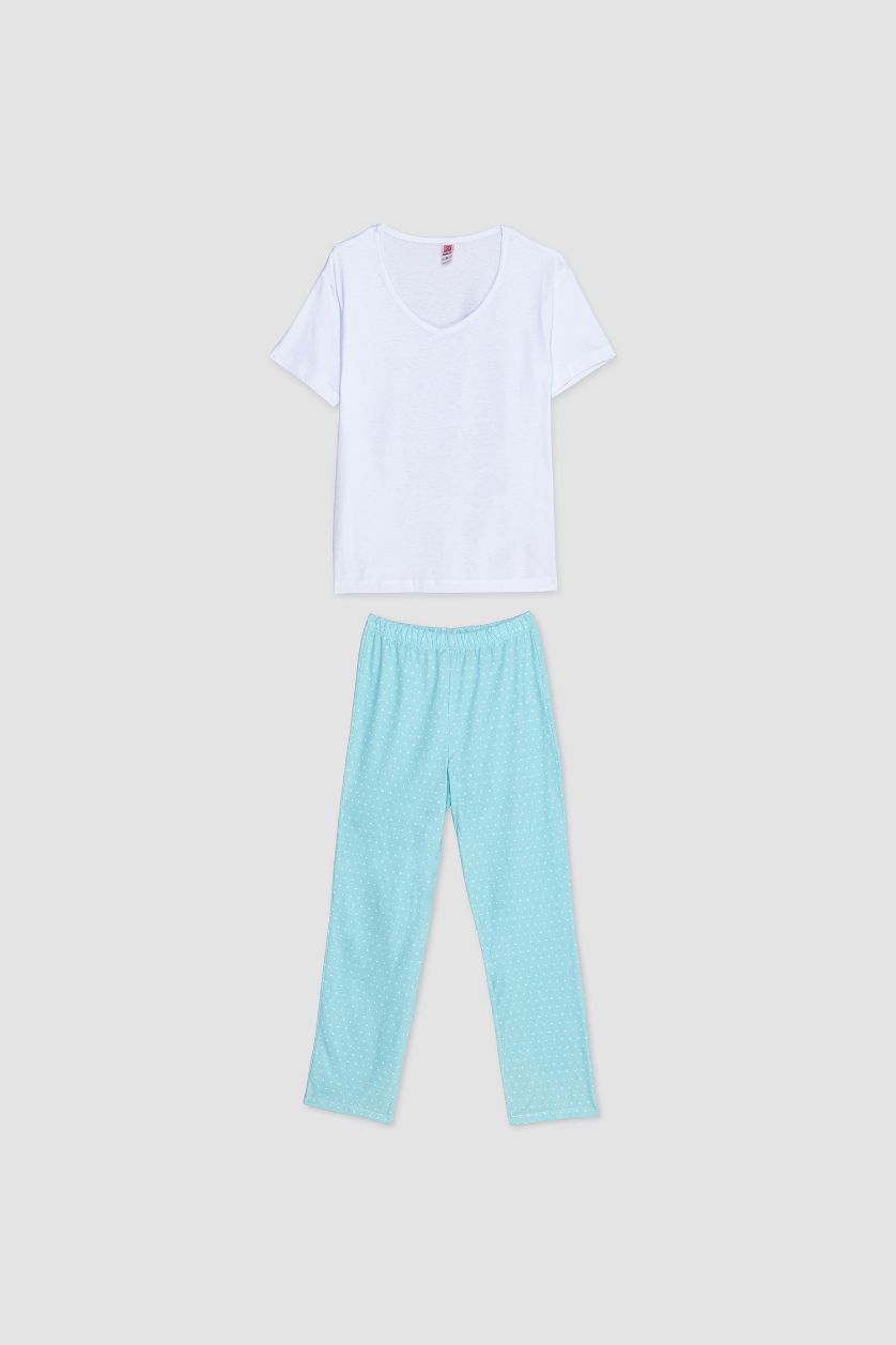 حريمي بيج فاتح طقم بيجاما قصة عادية كم طويل بنطلون منقط وتيشيرت من Fall in Love - قطعتين