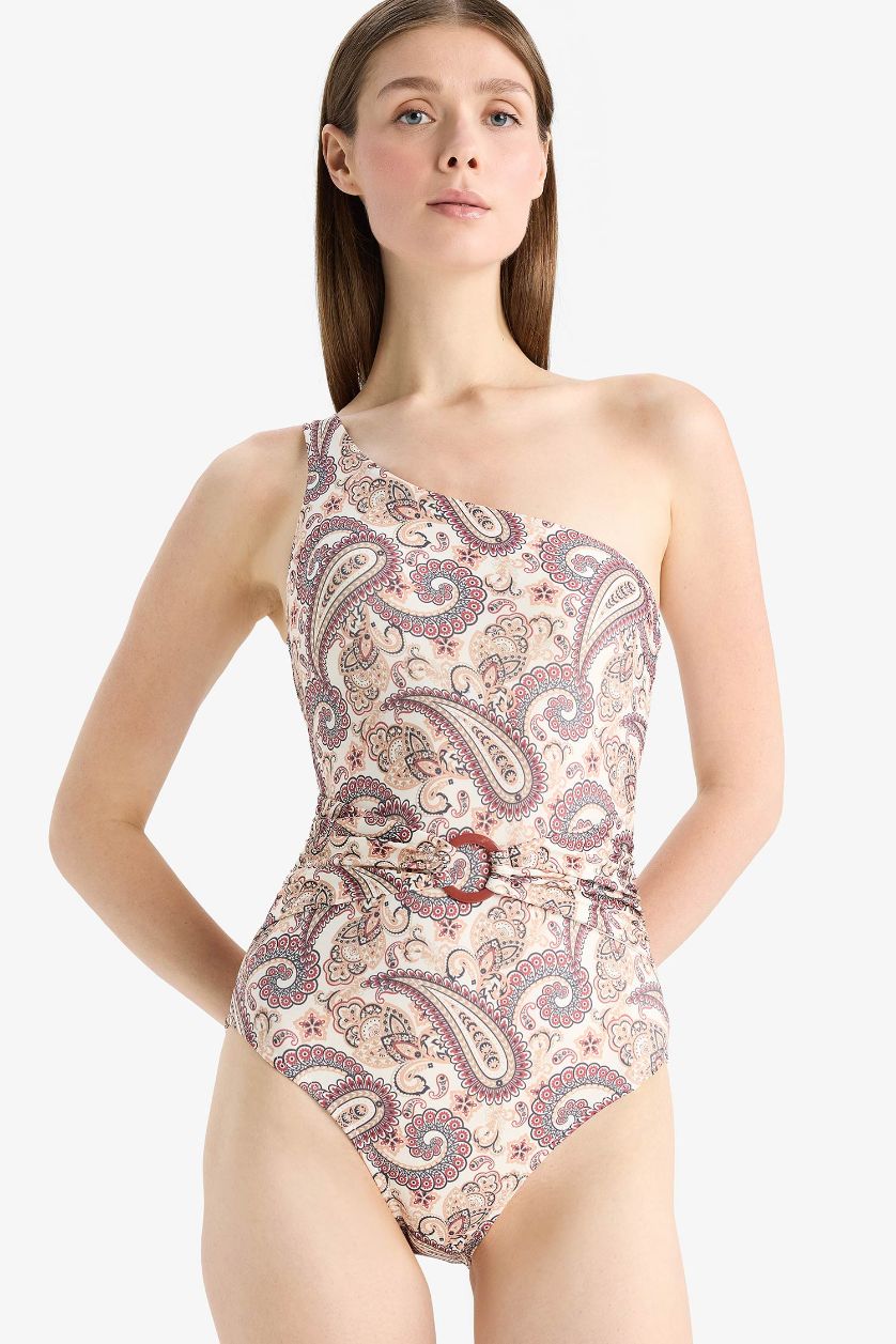 Kadın Lacivert Tek Omuz Şal Desenli Mayo