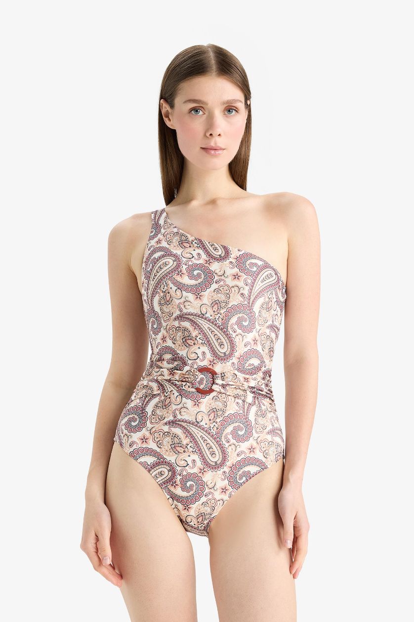 Kadın Lacivert Tek Omuz Şal Desenli Mayo