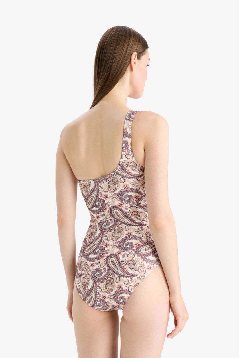 Kadın Lacivert Tek Omuz Şal Desenli Mayo