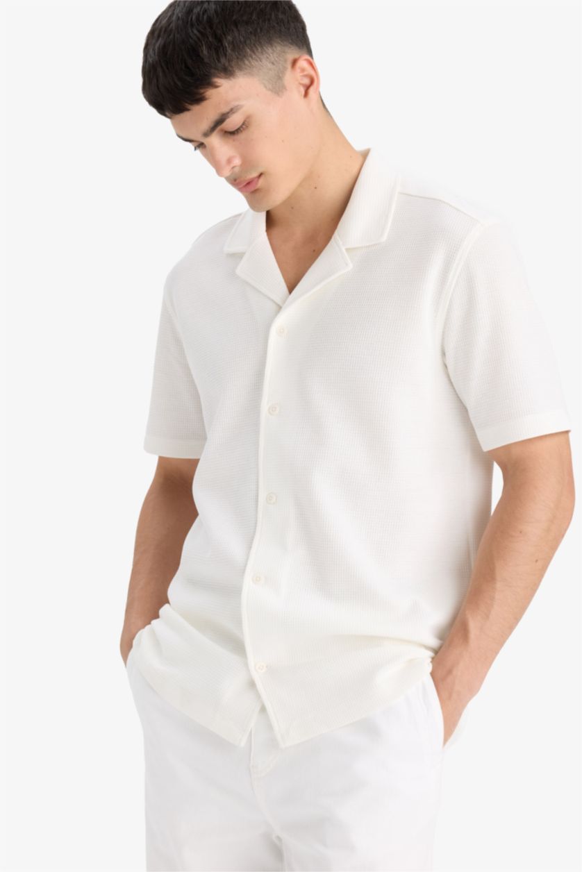 رجال اوف وايت قميص بولو وافل قطن نص ردن قصة عادية