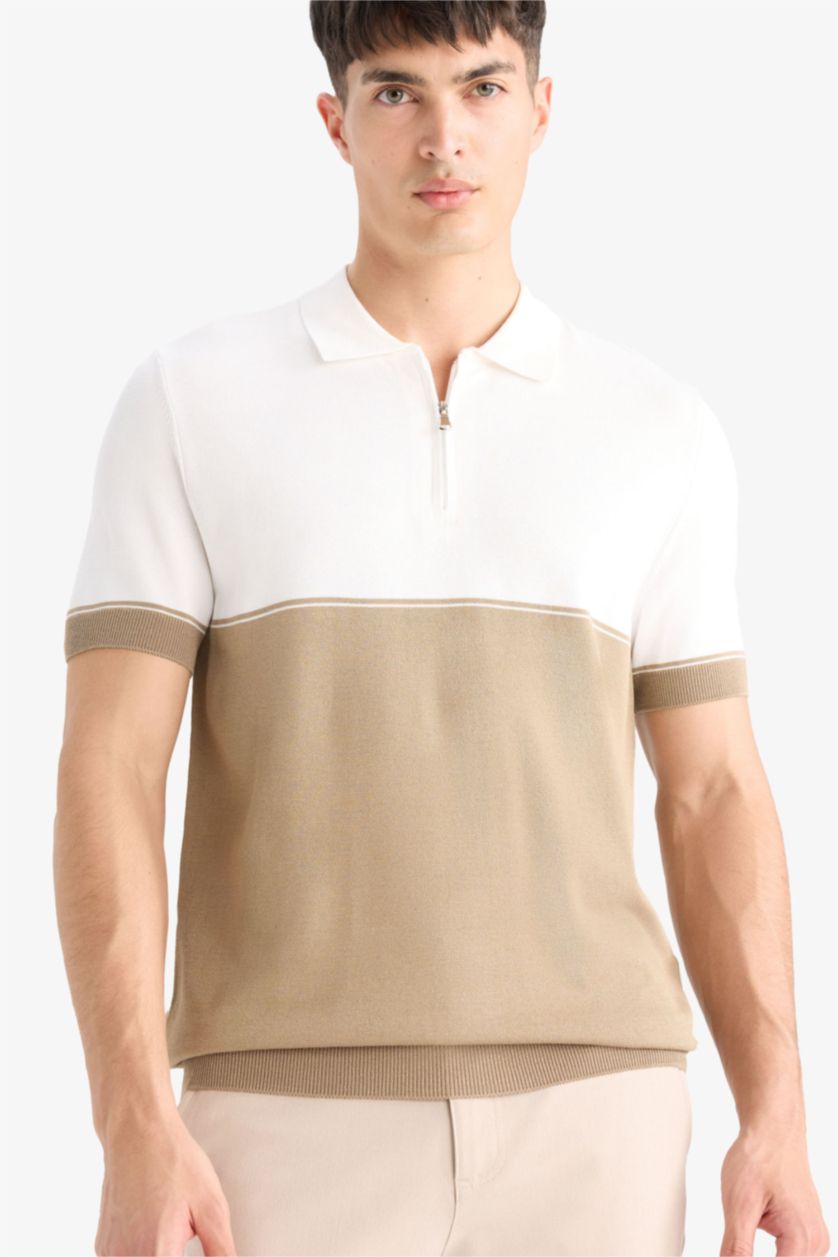 Erkek Bej Standart Fit Polo Yaka Triko Kısa Kollu Tişört