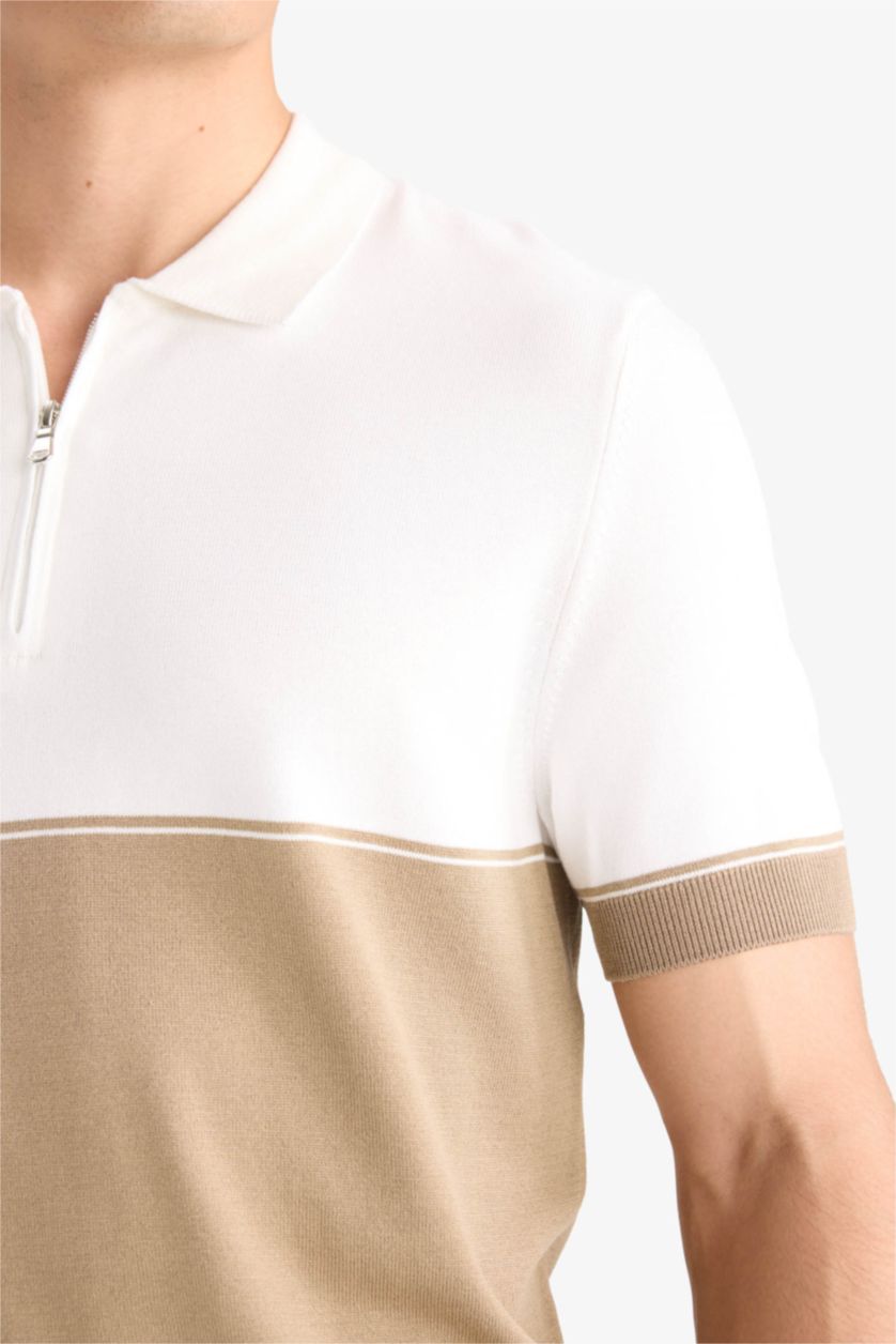 Erkek Bej Standart Fit Polo Yaka Triko Kısa Kollu Tişört