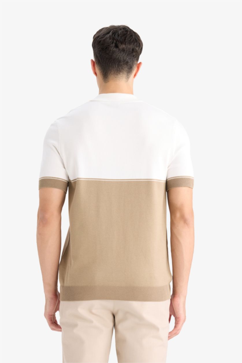 Erkek Bej Standart Fit Polo Yaka Triko Kısa Kollu Tişört