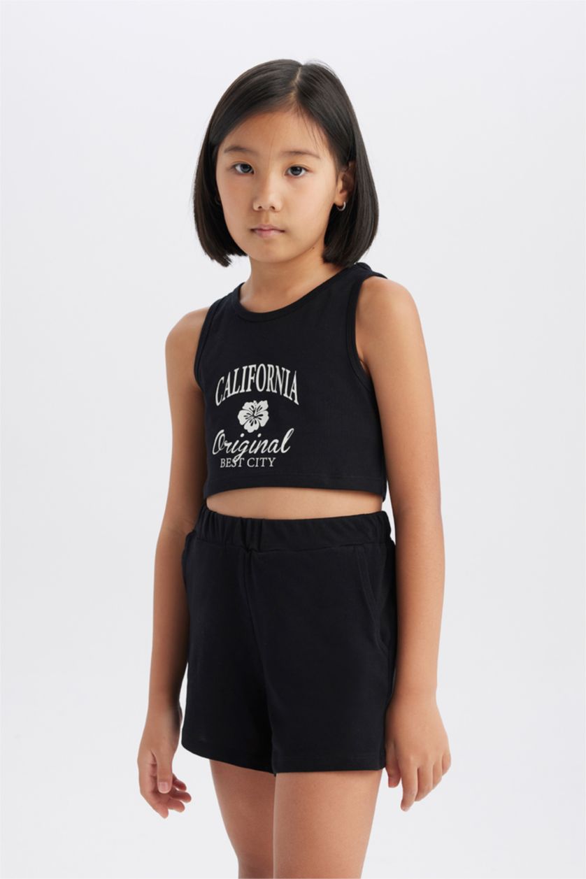 Kız Çocuk - Genç Kız Siyah 2'li Takım Baskılı Atlet Şort Kız Çocuk