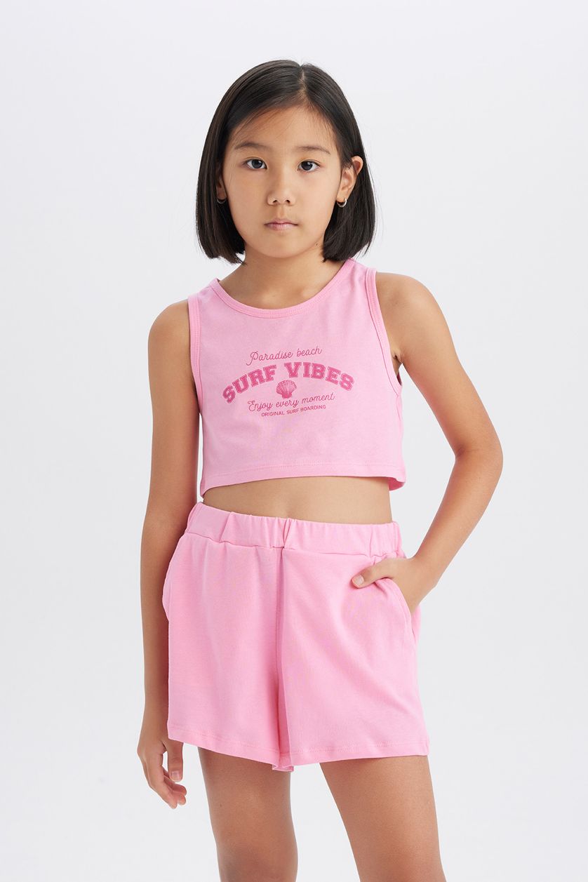 Kız Çocuk - Genç Kız Pembe 2'li Takım Baskılı Atlet Şort Kız Çocuk