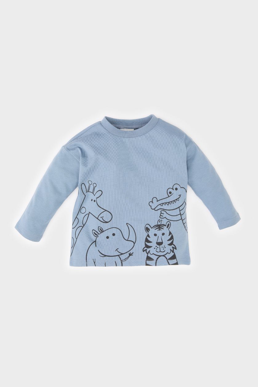 BABY BOY Light Indigo Baby Boy Regular Fit Crew Neck Animal Patterned Long Sleeve T-Shirt