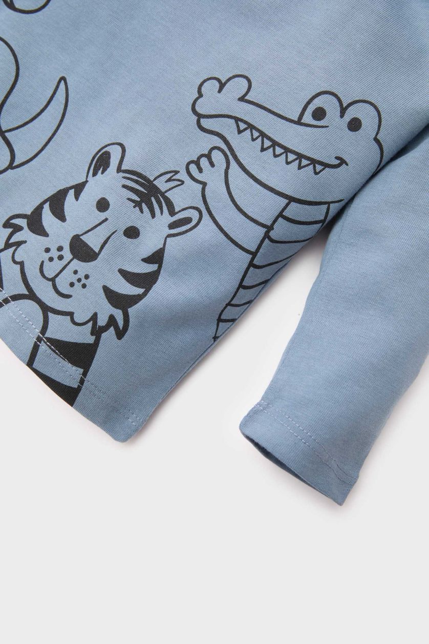 BABY BOY Light Indigo Baby Boy Regular Fit Crew Neck Animal Patterned Long Sleeve T-Shirt