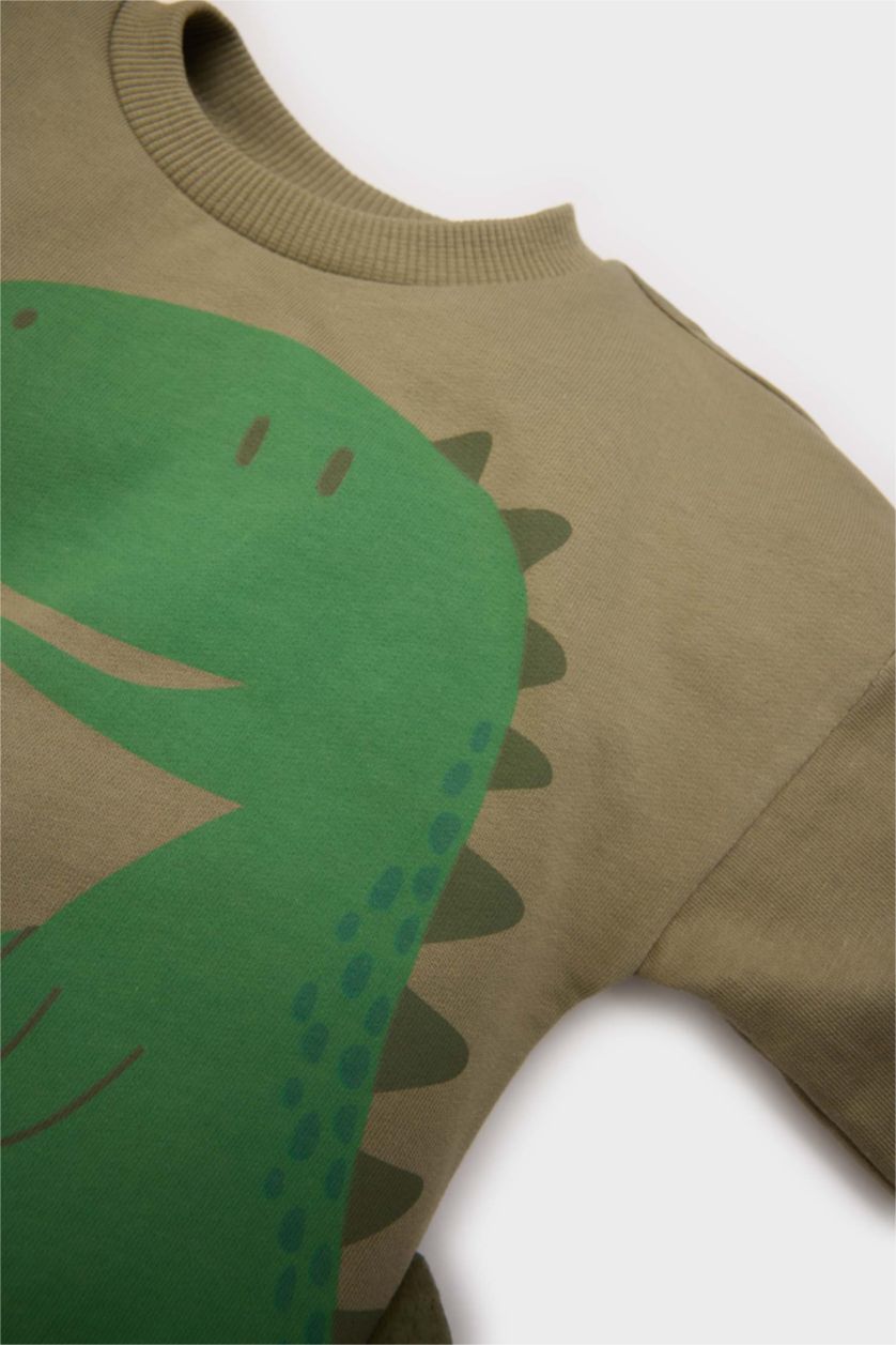 Erkek Bebek Haki 2'li Takım Dinozor Baskılı Sweatshirt Beli Lastikli Eşofman Altı Erkek Bebek