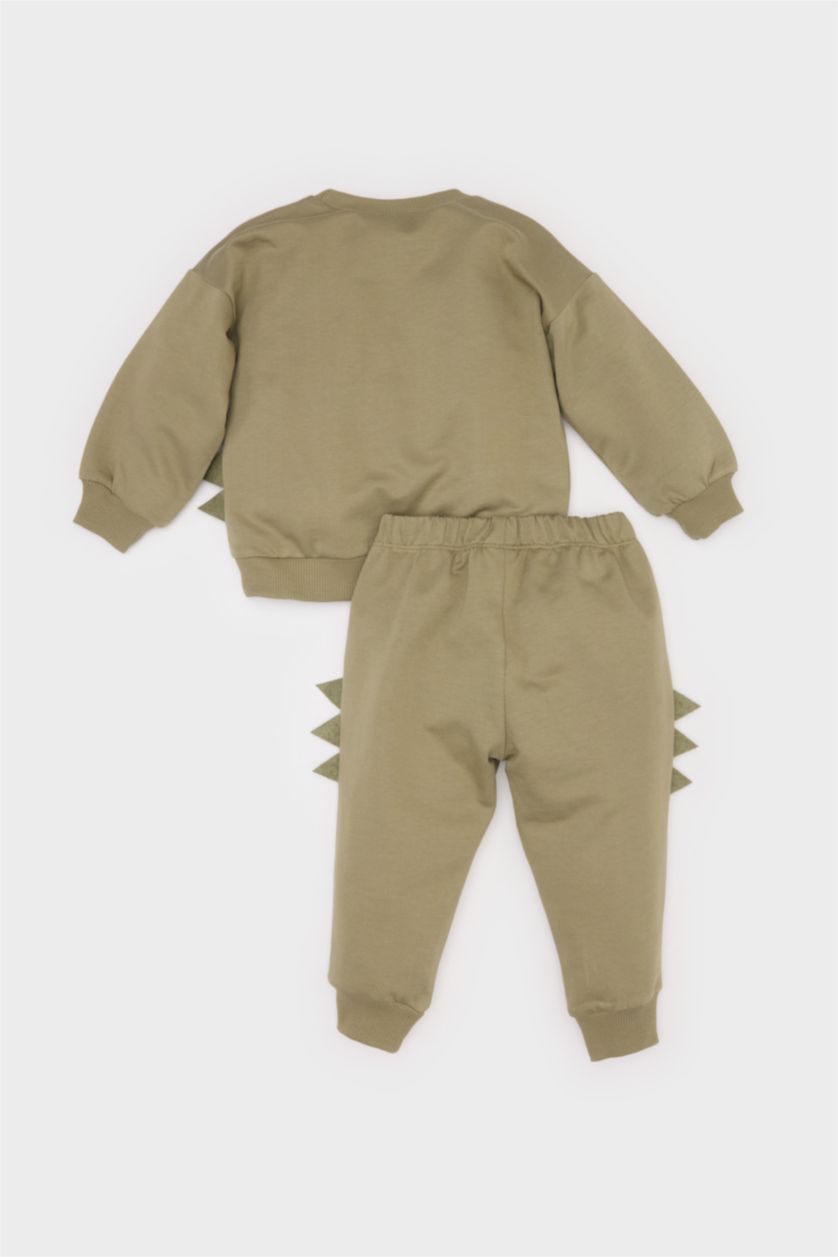 Erkek Bebek Haki 2'li Takım Dinozor Baskılı Sweatshirt Beli Lastikli Eşofman Altı Erkek Bebek