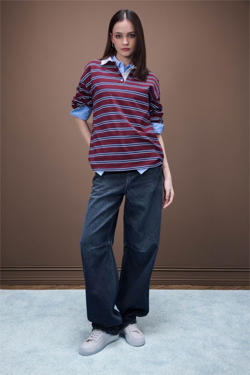 Kadın Bordo Loose Fit Çizgili Polo Yaka Uzun Kollu Tişört